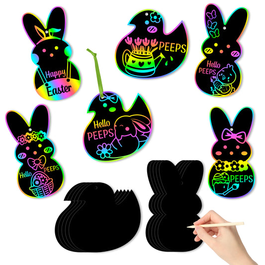 HubirdSall 60Pcs Easter Bunny Peep Rainbow Scratch Art for Kids DIY Easter Day Chicks Peep Magic Art Rainbow Color Craft Kit for School Classroom Activity Art Project Party Favor Hanging Ornaments