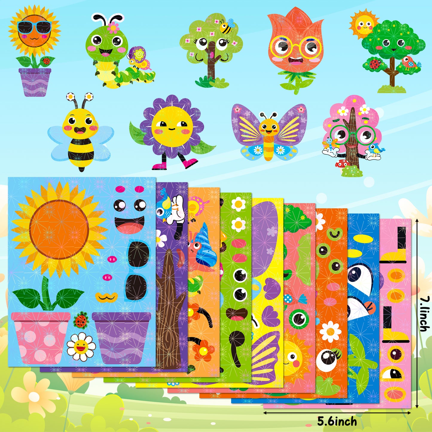 HubirdSall 45Pcs Spring Make-a-Face Stickers with Flowers Trees Butterfly Insect Make You Own Springtime Holographic Stickers Games School Activities Reward for Kids Teacher Art Craft Room Decorations