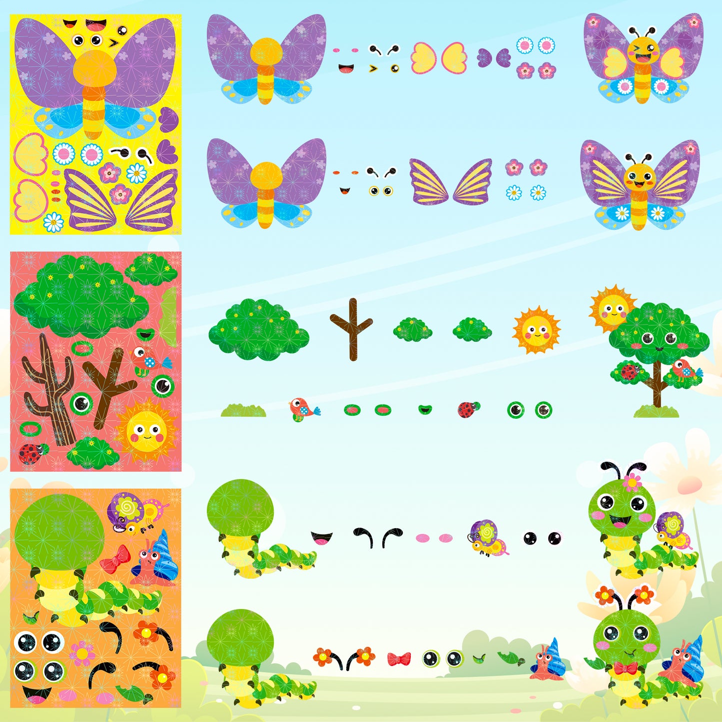 HubirdSall 45Pcs Spring Make-a-Face Stickers with Flowers Trees Butterfly Insect Make You Own Springtime Holographic Stickers Games School Activities Reward for Kids Teacher Art Craft Room Decorations