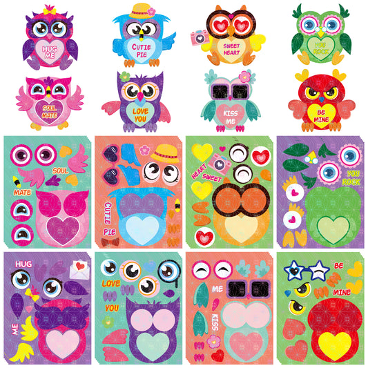 HubirdSall 40Pcs Valentine's Day Owl Make-a-Face Stickers for Kids Make You Own Valentine Owl Holographic Sticker School Classroom Party Favors Activities Decorations Games Gifts for Child