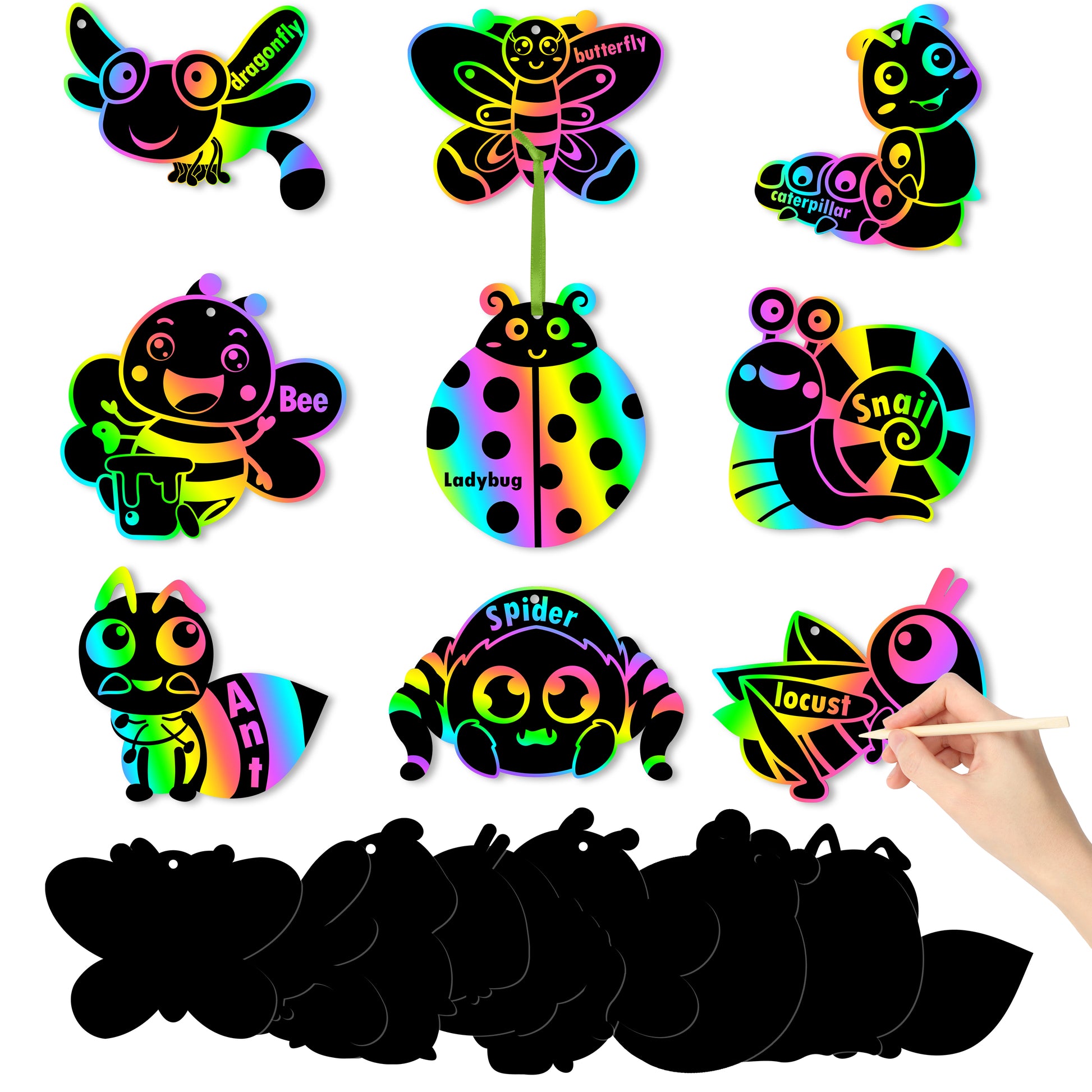 HubirdSall 63Pcs Bugs Rainbow Scratch Art for Kids DIY Spring Summer I