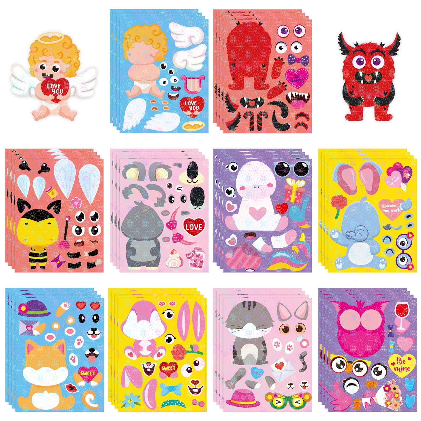 HubirdSall 40Pcs Valentine's Day Animals Make-a-Face Stickers for Kids