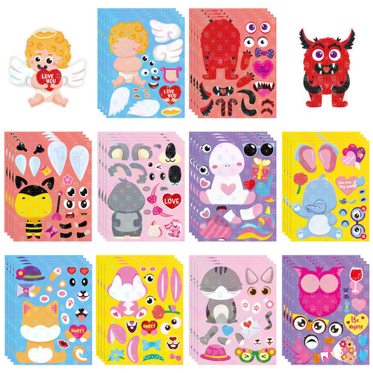 HubirdSall 40Pcs Valentine's Day Animals Make-a-Face Stickers for Kids Make You Own Valentine Animals Holographic Sticker School Classroom Party Favors Activities Decorations Games Gifts for Child