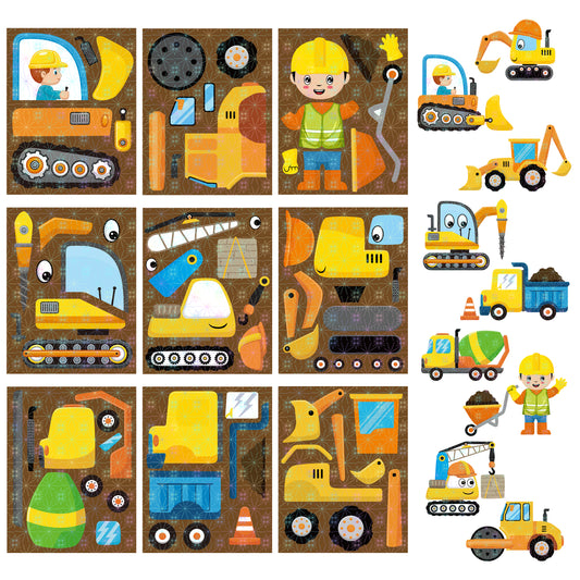 HubirdSall 45Pcs Make-a-Construction Truck Holographic Sticker Make Your own Excavator Face Stickers Game School Activity for Kids Teacher Reward Art Craft Birthday Party Favors Gift for Boys Girls