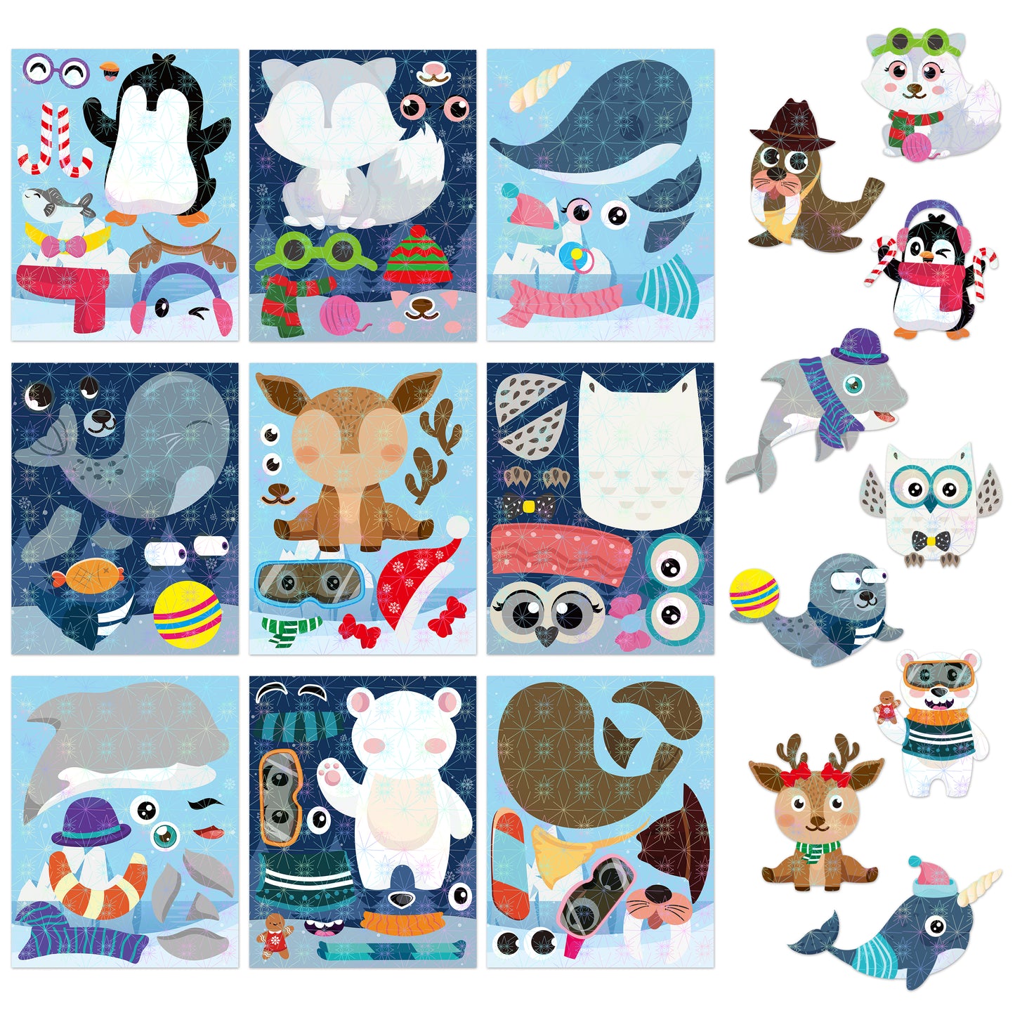 HubirdSall 45Pcs Polar Animals Make-a-Face Holographic Sticker Make Your Own Arctic Animals Stickers Sheets with Polar Bear Snowy Arctic Fox Birthday Gift Party Favors Game School Activity for Kids