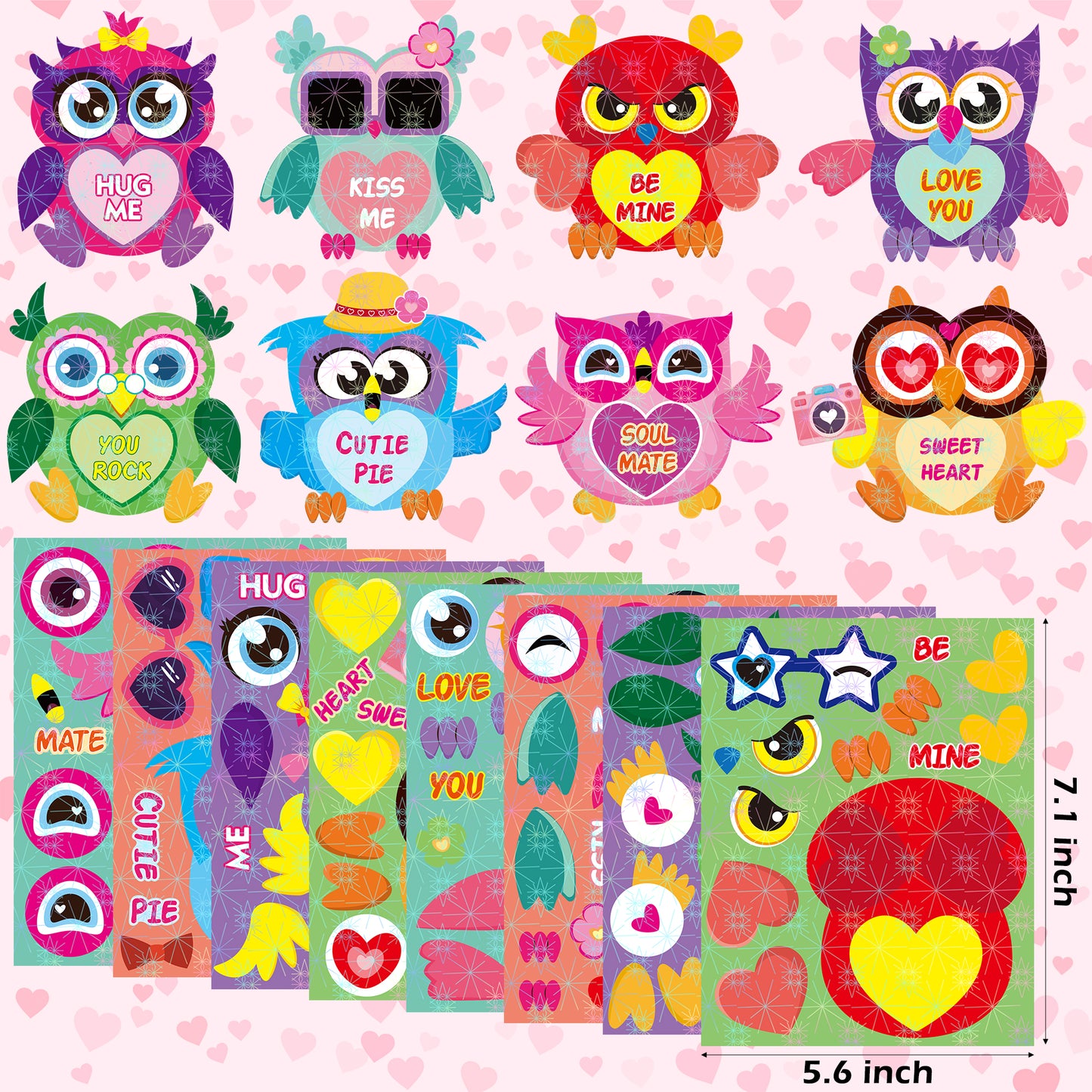 HubirdSall 40Pcs Valentine's Day Owl Make-a-Face Stickers for Kids Make You Own Valentine Owl Holographic Sticker School Classroom Party Favors Activities Decorations Games Gifts for Child