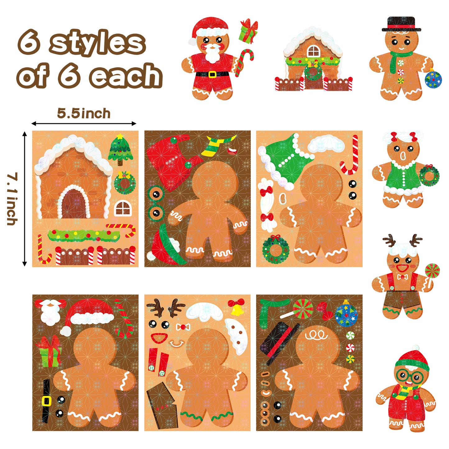 HubirdSall 36Pcs Christmas Gingerbread Make-a-Face Stickers Make You Own Gingerbread Holographic Stickers Games Xmas Decorations for Kids School Home Crafts Activity Party Favors Gifts for Boys Girls