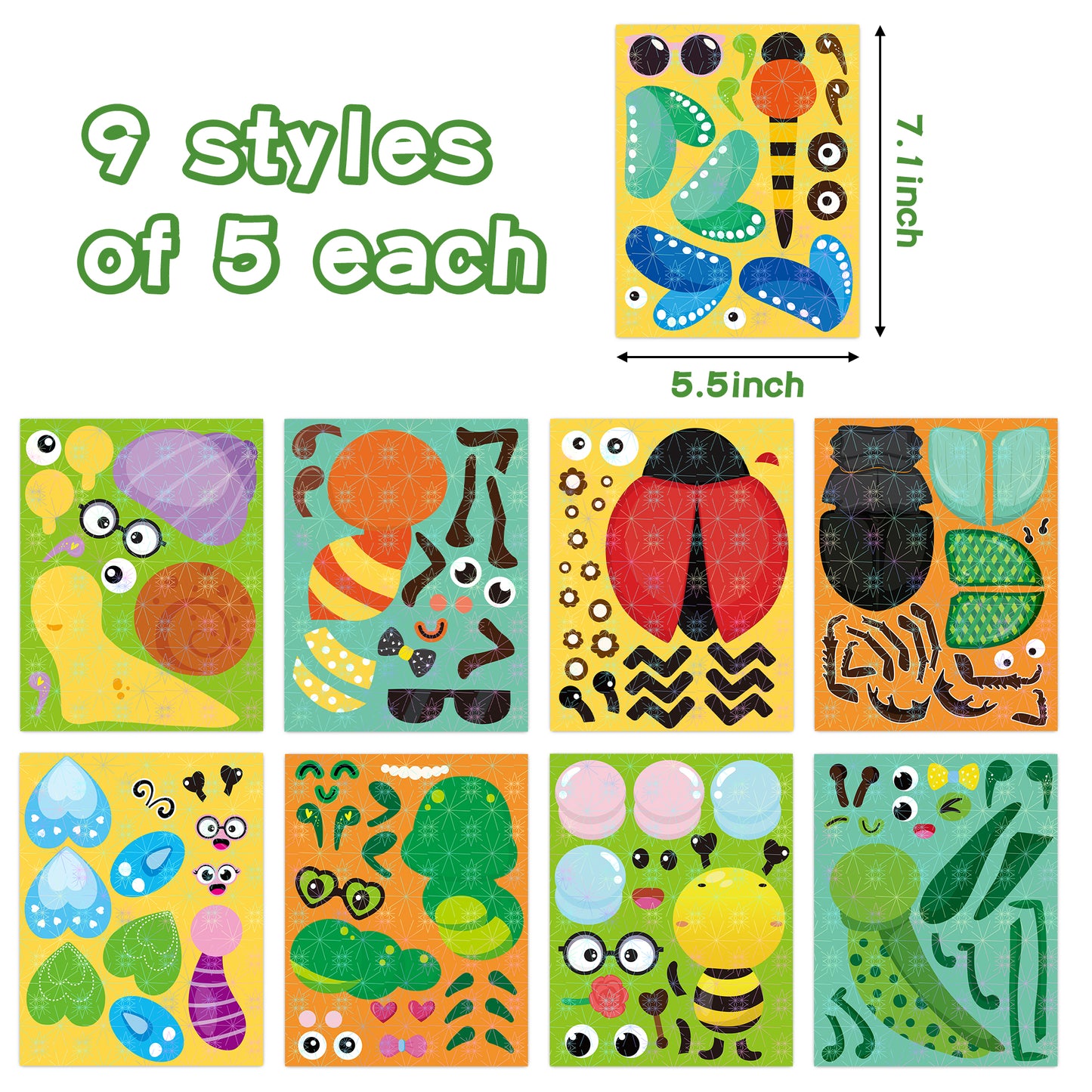 HubirdSall 45Pcs Insect Make-a-Face Holographic Sticker for Kids Make Your Own Bugs Stickers Game Party Favors with Butterfly Bee Ladybug Ants Art Craft Birthday Gift School Activity Reward