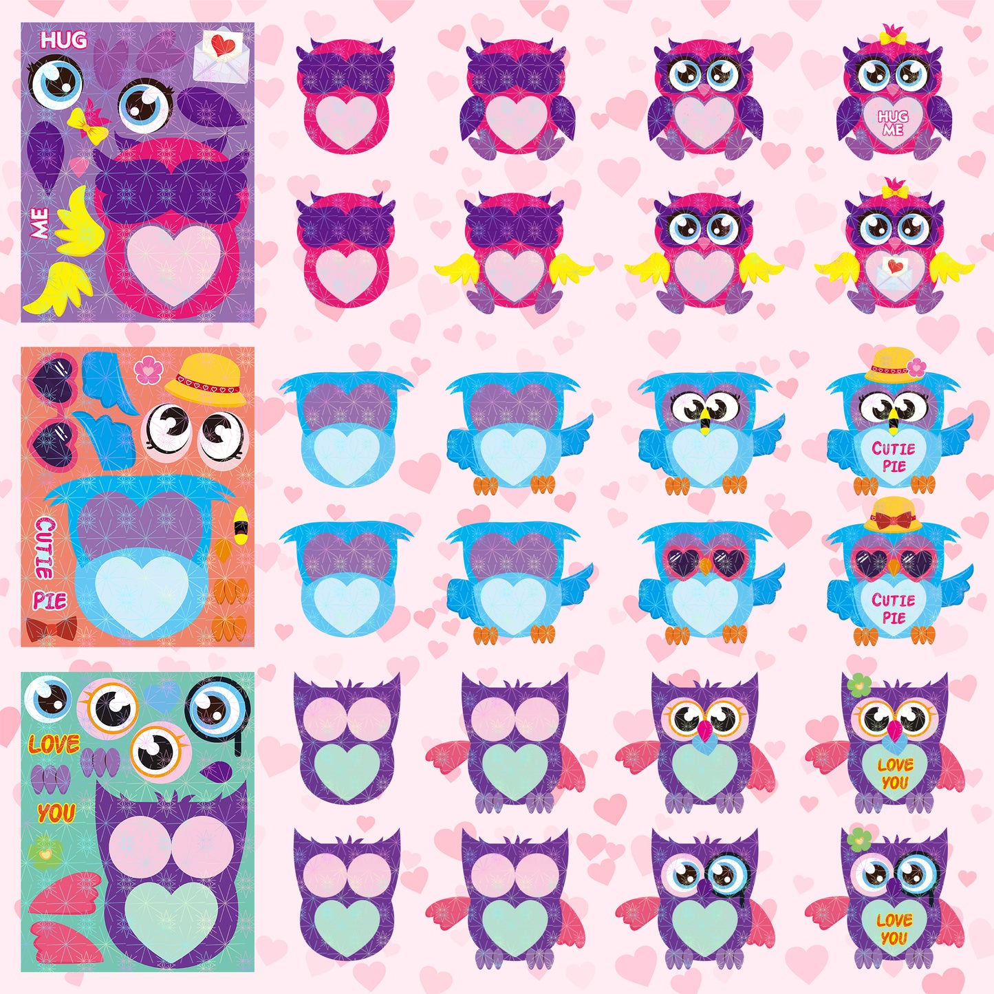 HubirdSall 40Pcs Valentine's Day Owl Make-a-Face Stickers for Kids Make You Own Valentine Owl Holographic Sticker School Classroom Party Favors Activities Decorations Games Gifts for Child