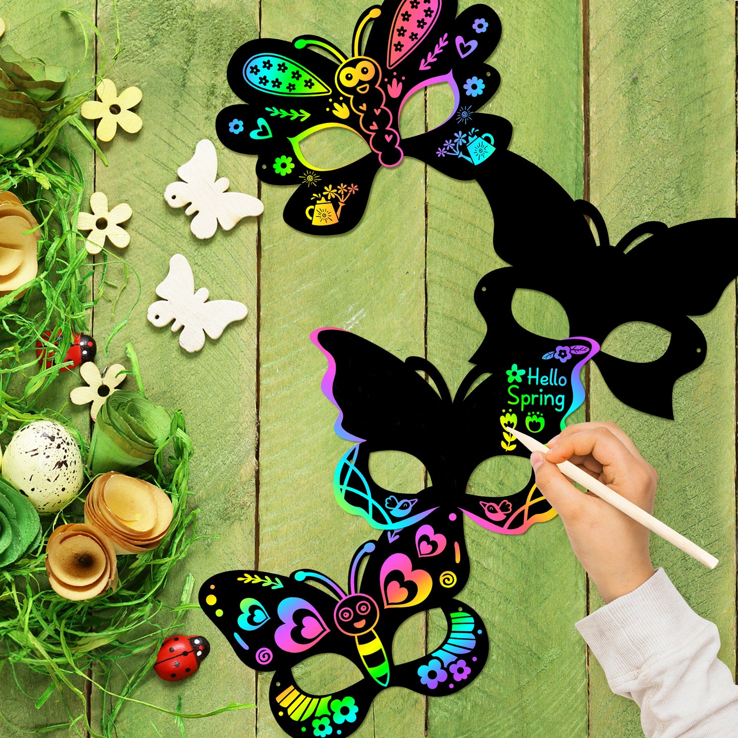 HubirdSall 24Pcs Spring Butterfly Scratch Masks for Kids DIY Butterfly Rainbow Scratch Craft Kit Dress-up Costume Decorate for Girls Birthday Party Favors School Classroom Activity Art Project