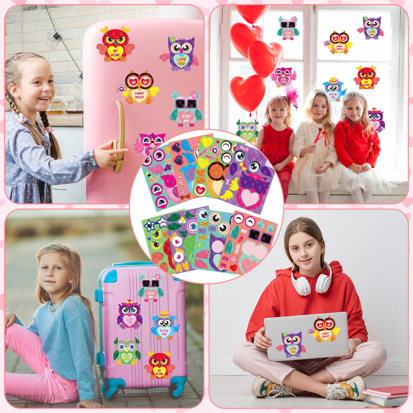 HubirdSall 40Pcs Valentine's Day Owl Make-a-Face Stickers for Kids Make You Own Valentine Owl Holographic Sticker School Classroom Party Favors Activities Decorations Games Gifts for Child